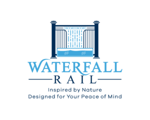 Light Blue waterfall coming down Navy blue railing with title and tagline. Logo.