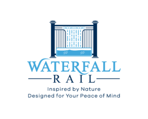 The Waterfall Rail tm Light Blue waterfall coming down Navy blue railing with title and tagline. Logo.